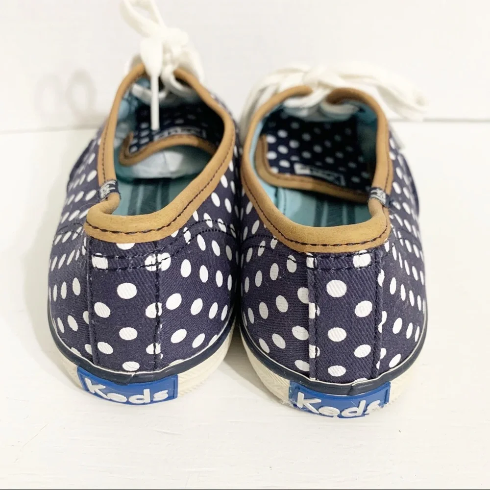 Keds Classic Champion Navy Blue and White Polka Dot Canvas Sneakers Tan Trims